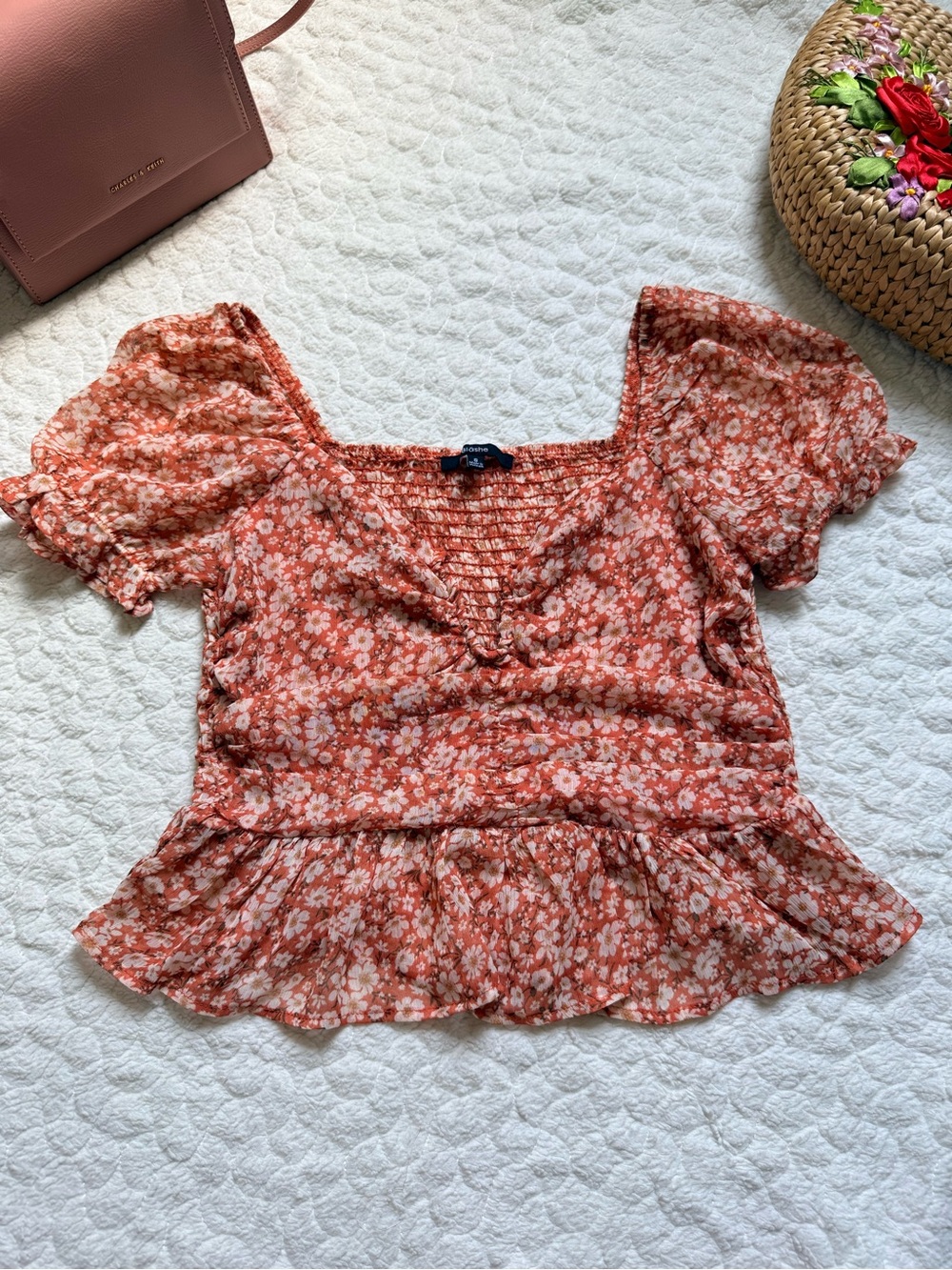 Smocked Square-Neck Floral Peplum Blouse - Rust Floral